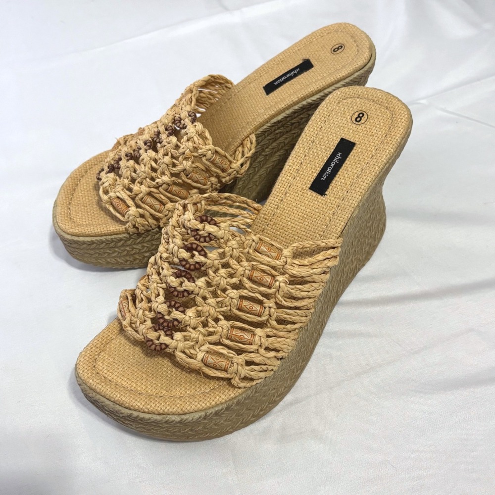 XHILIRATION stunning woven tan wedges with brown beaded details